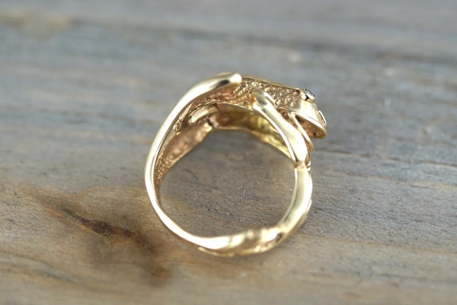 14k Yellow Gold Frog Toad Designed ring with Diamonds Princess Prince Green Animal 3D Wrap Around