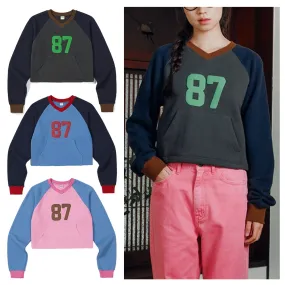 87MM Street Style V-Neck Long Sleeves Plain Cotton Logo T-shirt