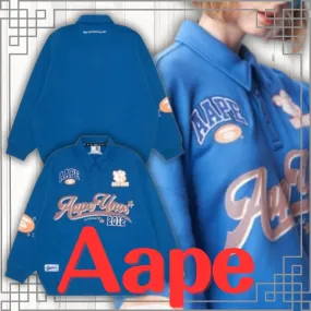 BATHING APE Crew Neck Long Sleeves Plain Cotton Logo - Street Style