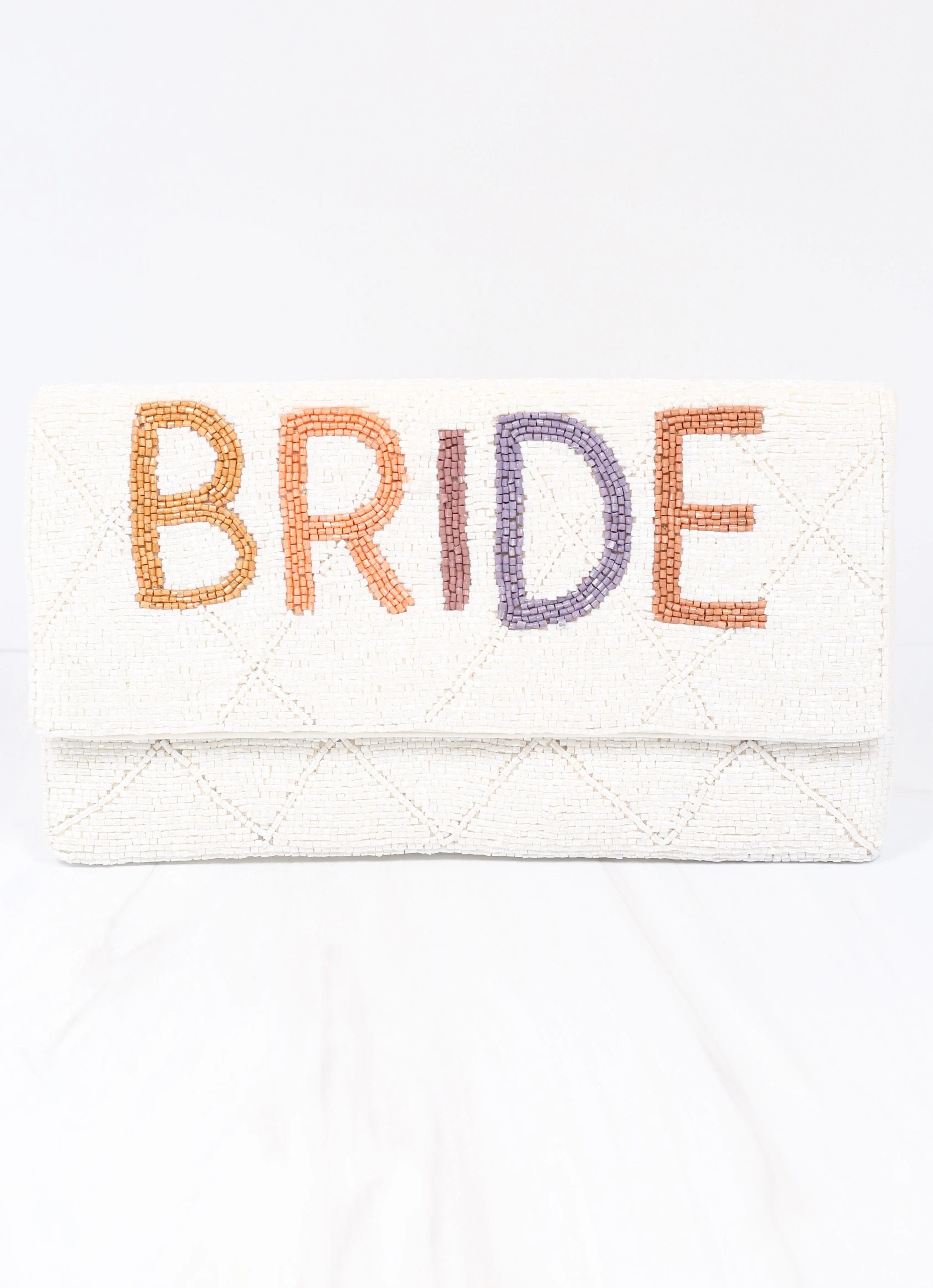 Beaded Crossbody Bag with Bride Pattern - White.