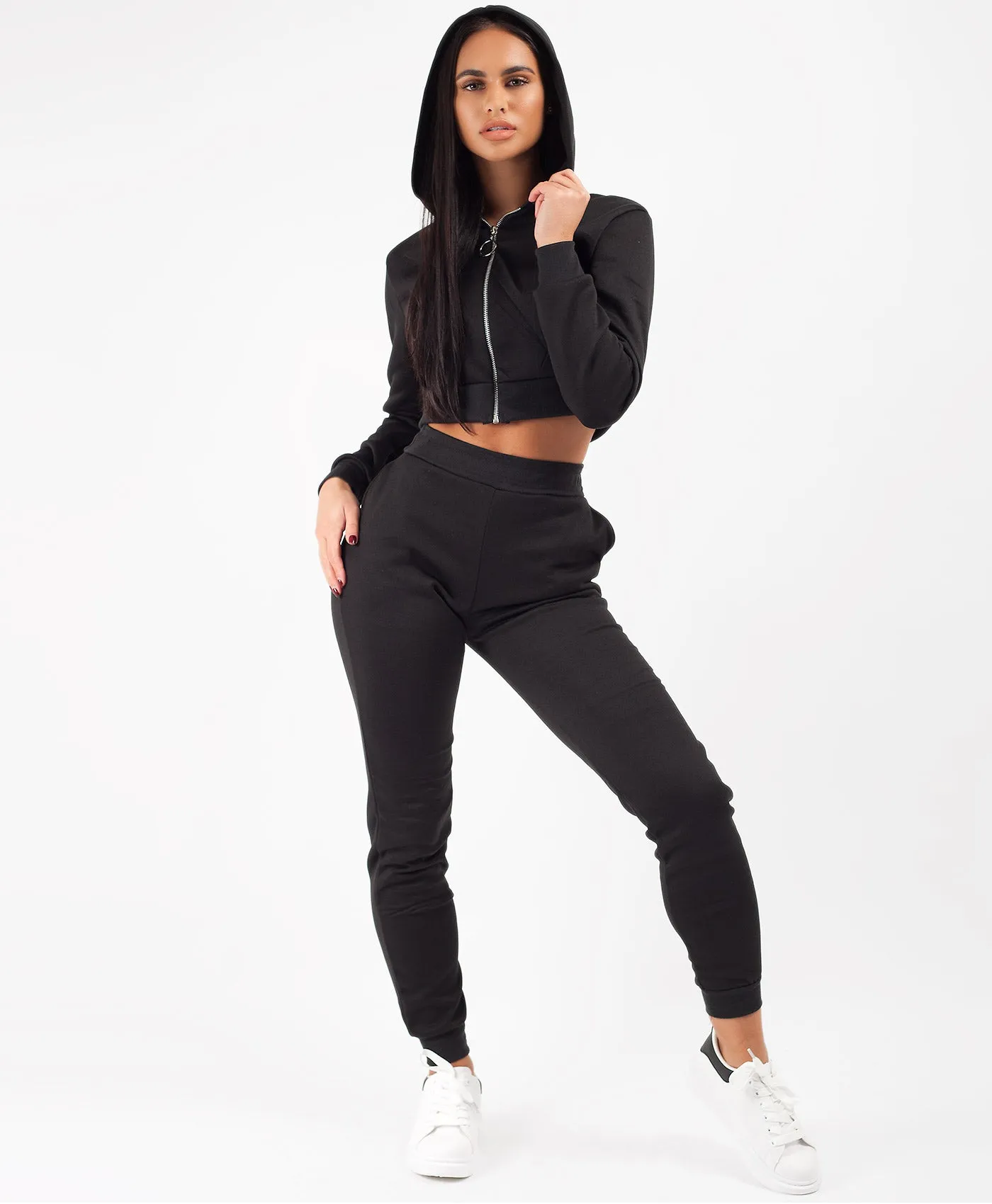 Black Cropped Hoodie & Joggers Lougewear Set