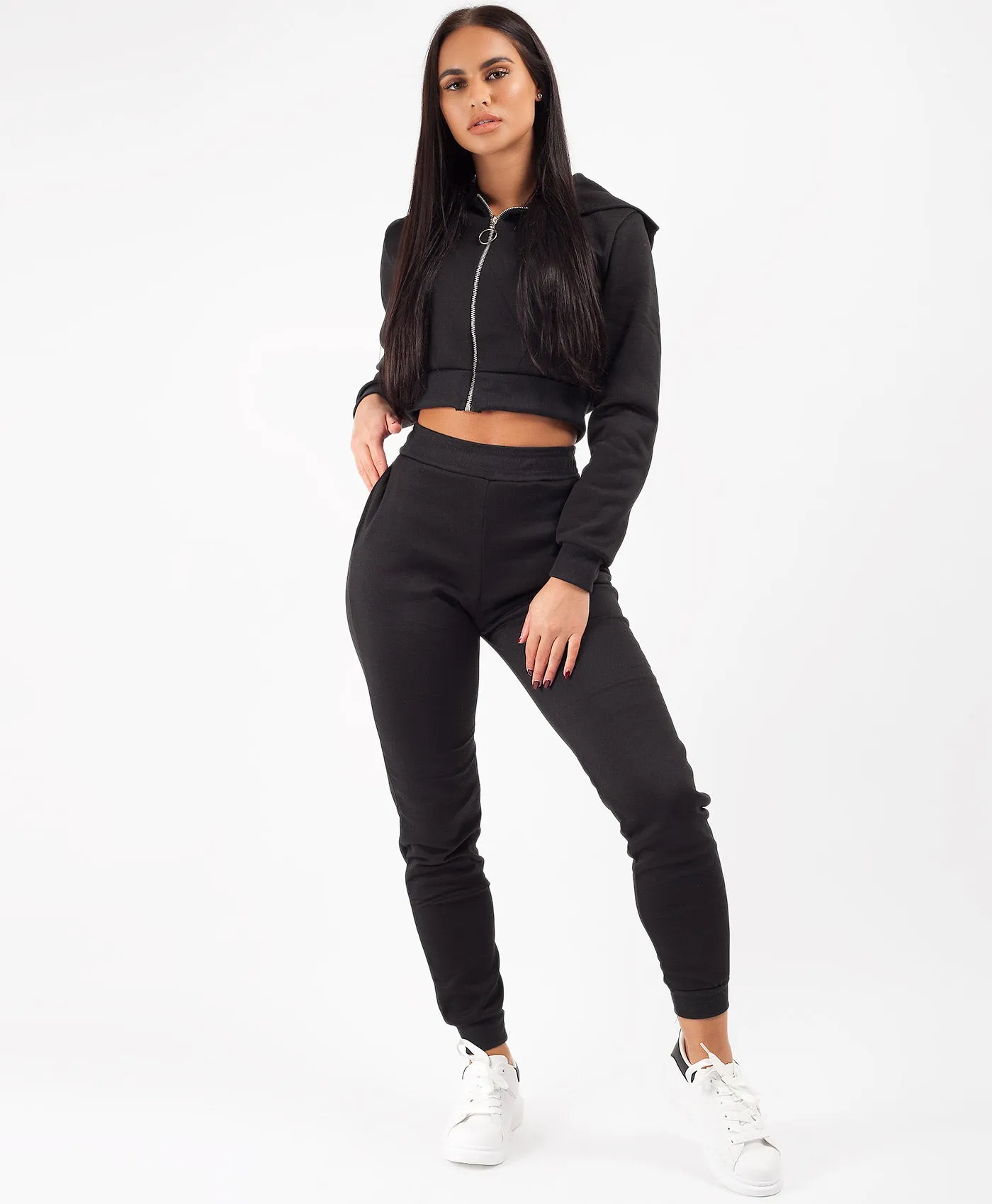 Black Cropped Hoodie & Joggers Lougewear Set