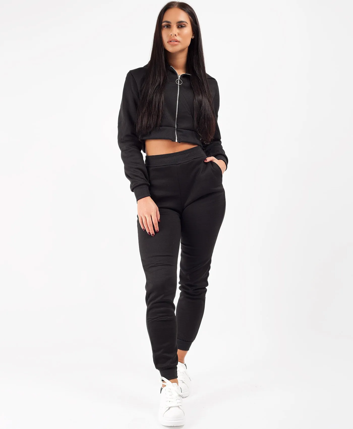 Black Cropped Hoodie & Joggers Lougewear Set