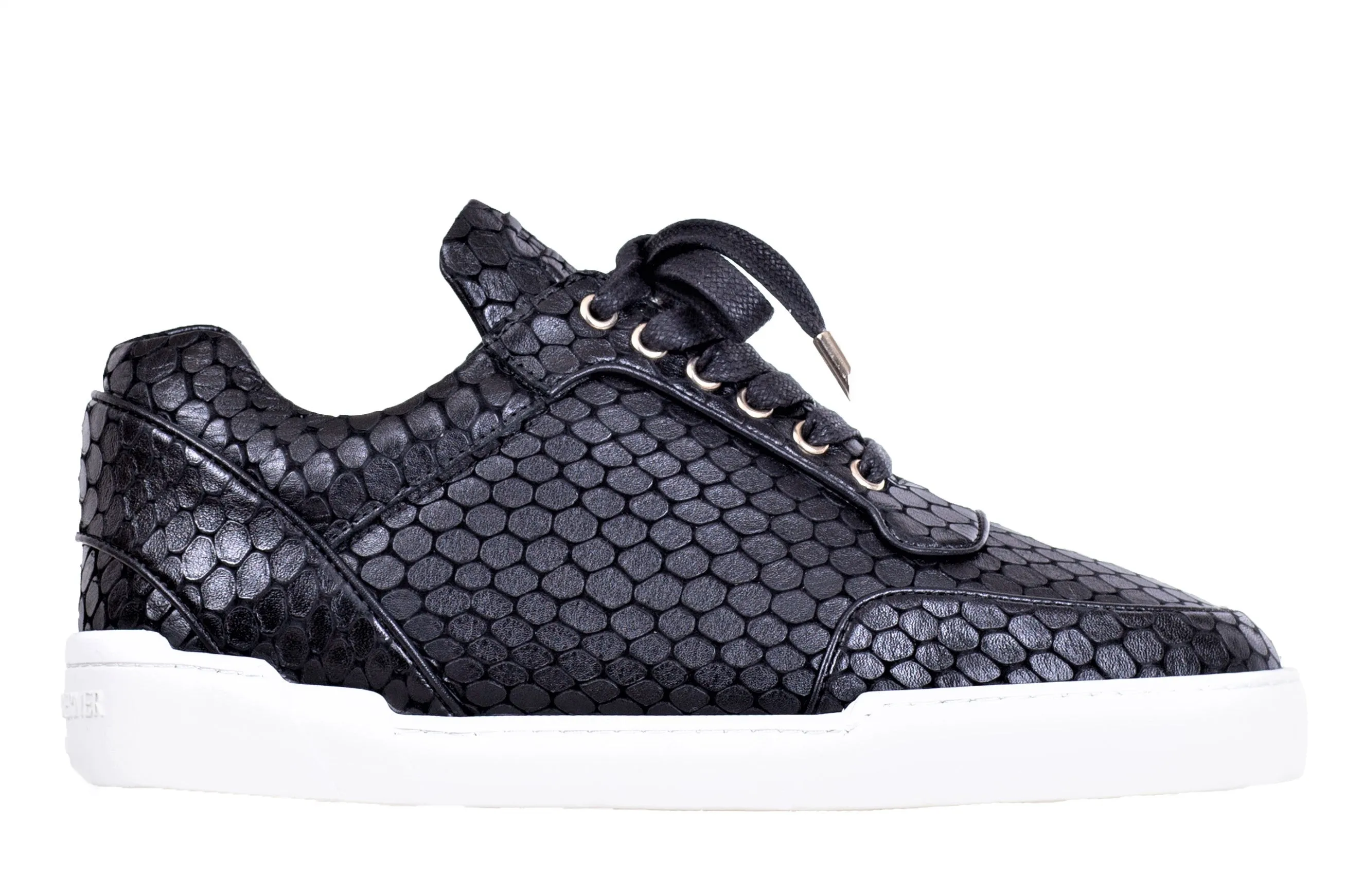 Black plasma cut nappa calfskin low-top sneakers.