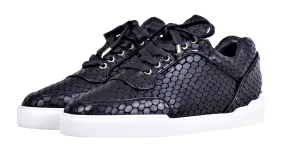 Black plasma cut nappa calfskin low-top sneakers.