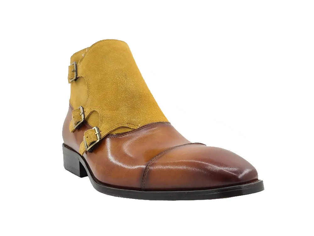 Calfskin Suede Monk Strap Chukka Boot with Three Buckles.