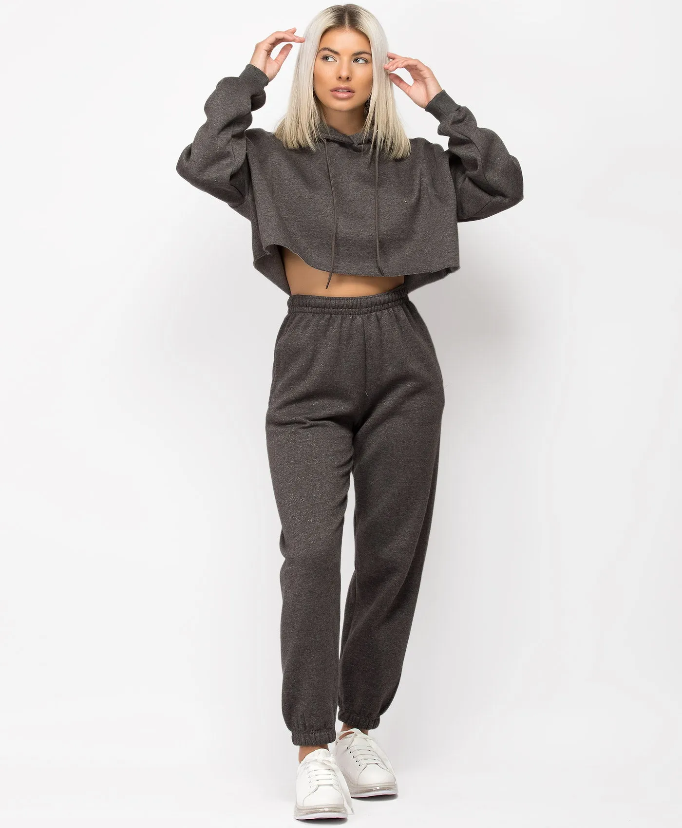 Charcoal Oversized Cropped Hoodie & Joggers Loungewear Set