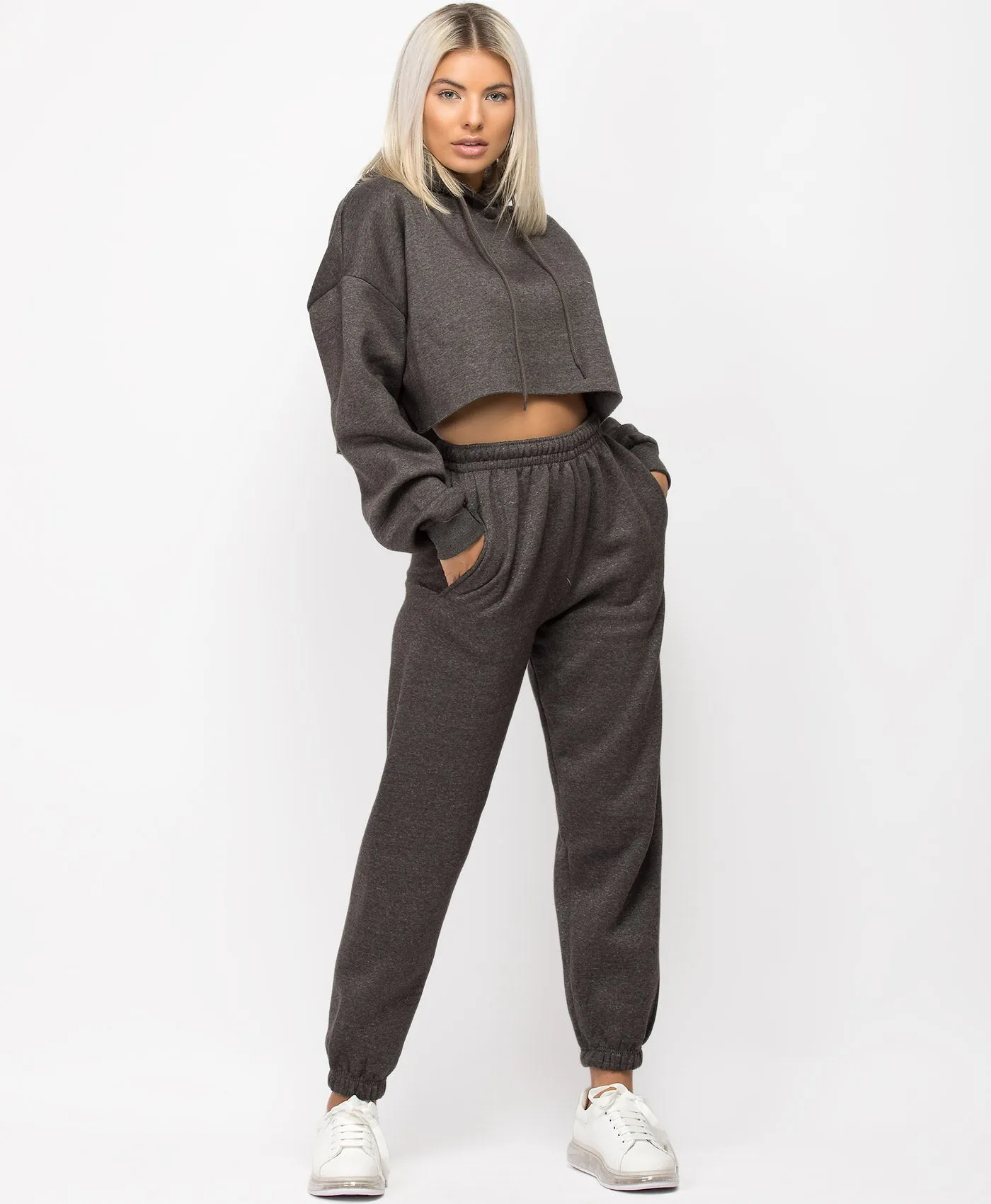 Charcoal Oversized Cropped Hoodie & Joggers Loungewear Set