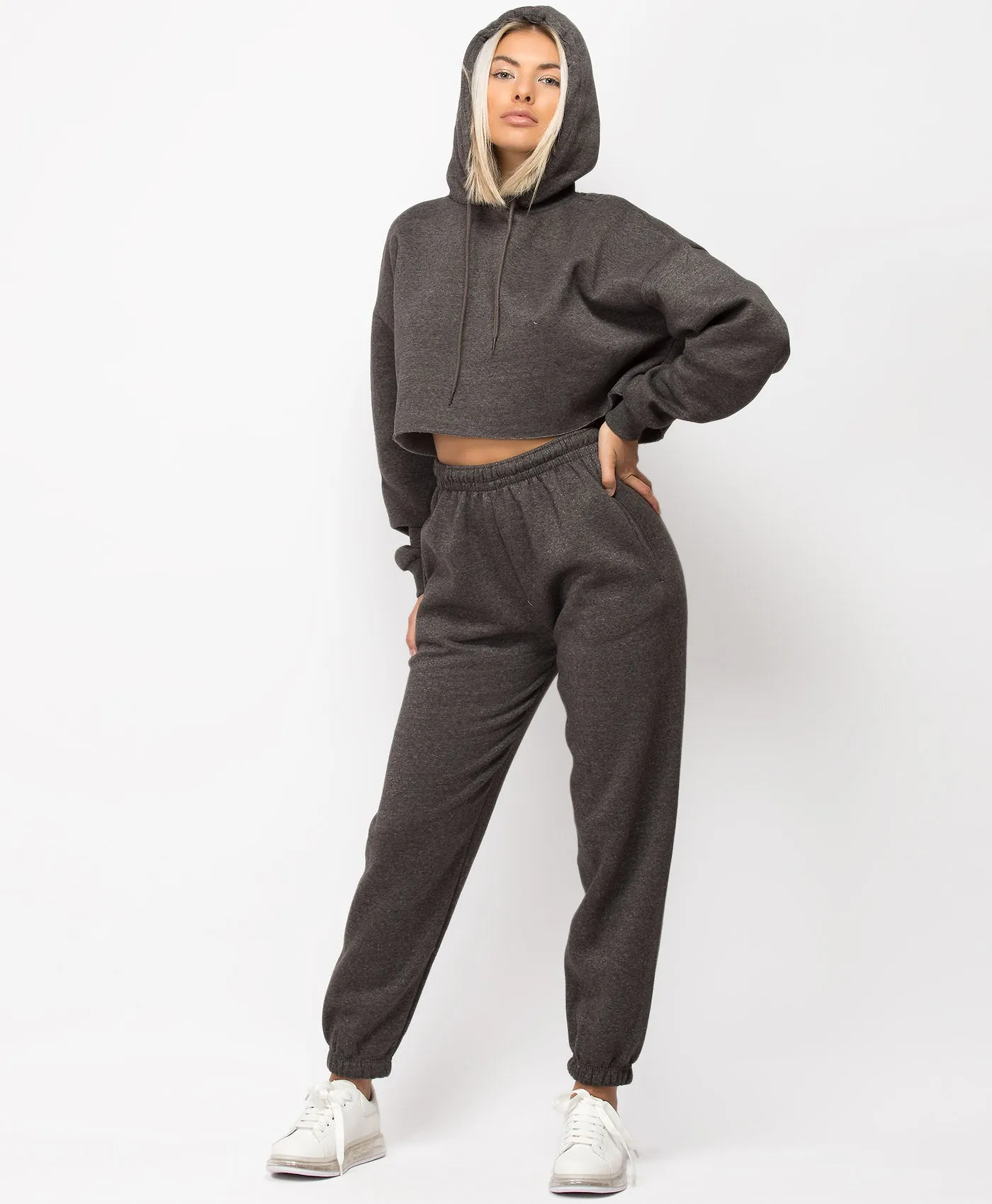 Charcoal Oversized Cropped Hoodie & Joggers Loungewear Set