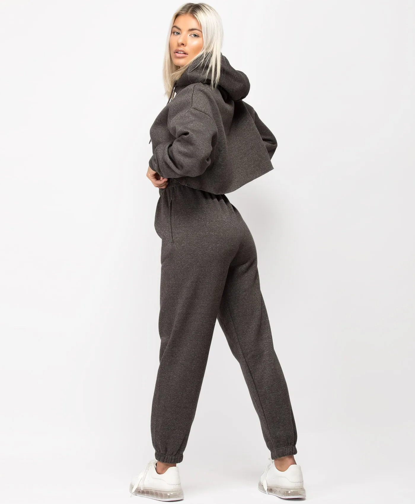 Charcoal Oversized Cropped Hoodie & Joggers Loungewear Set