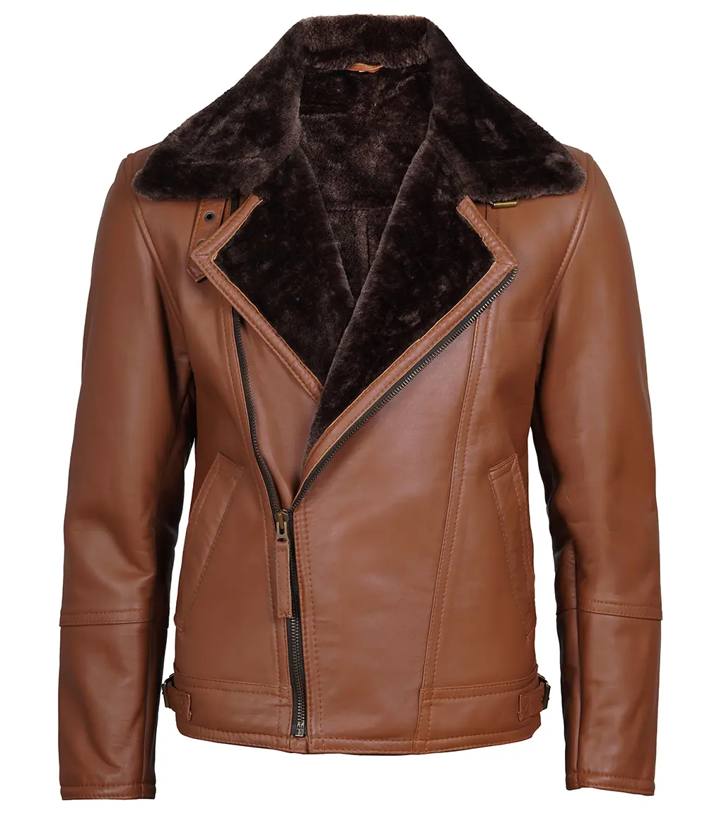 Cognac Brown Asymmetrical Leather Shearling Jacket Men's