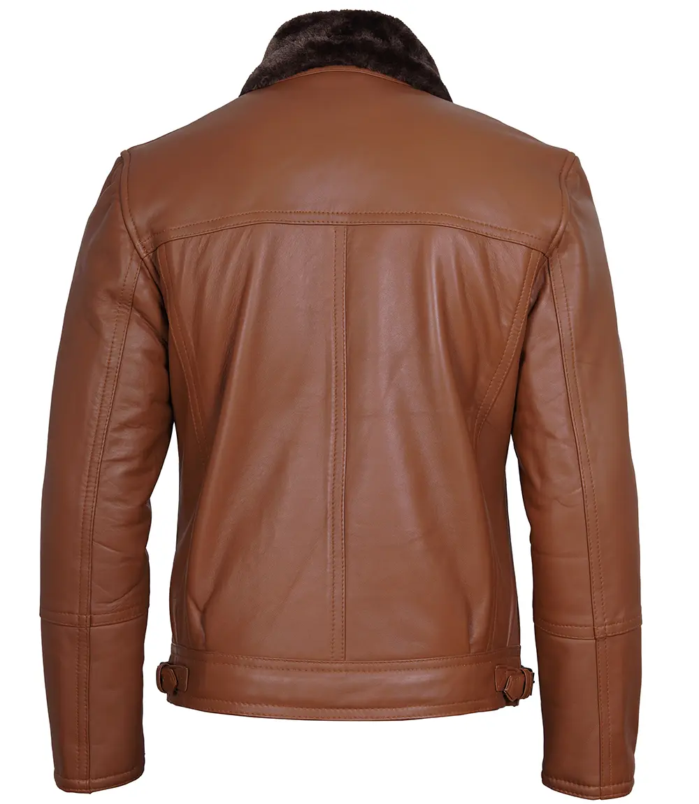 Cognac Brown Asymmetrical Leather Shearling Jacket Men's