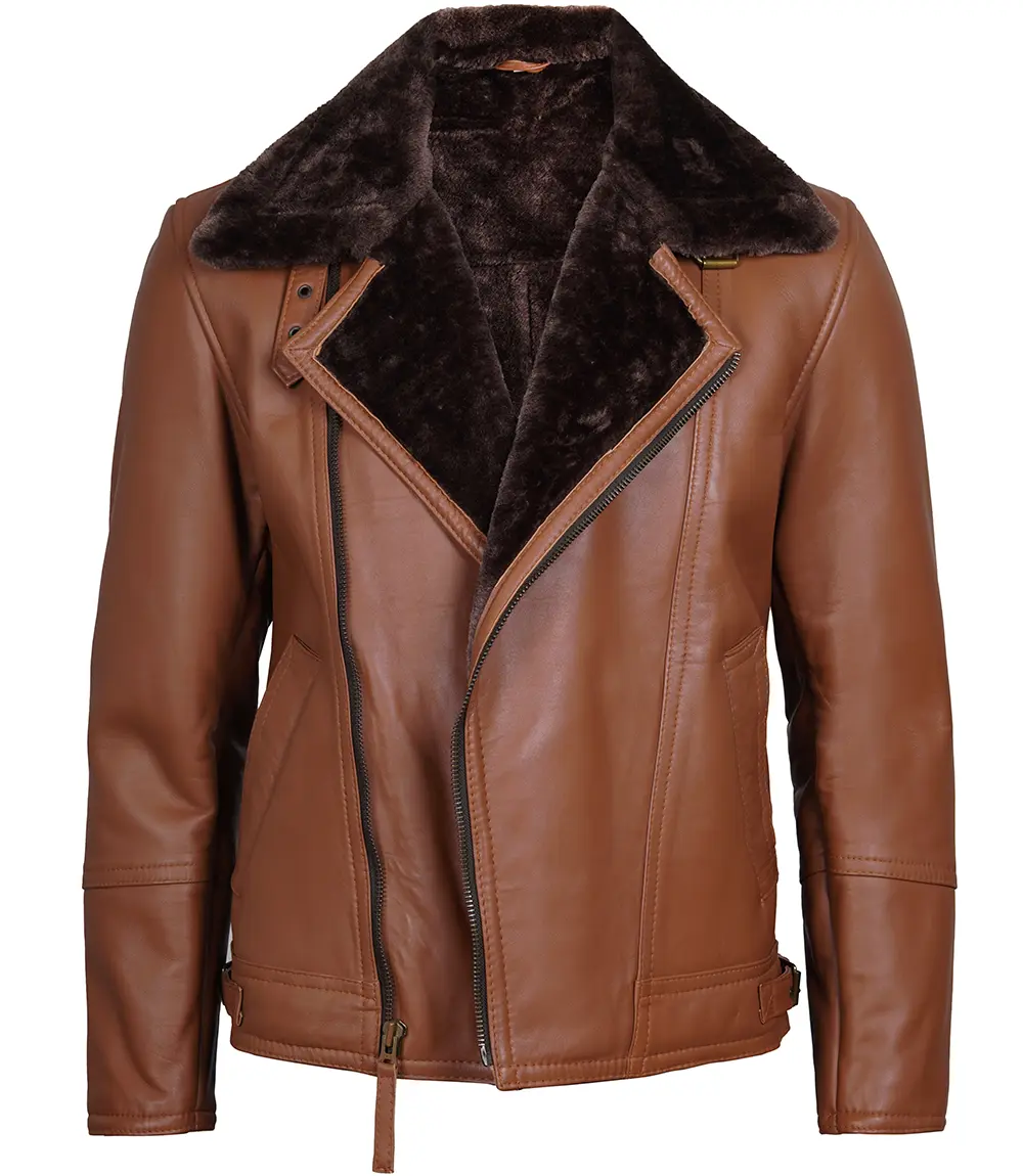 Cognac Brown Asymmetrical Leather Shearling Jacket Men's