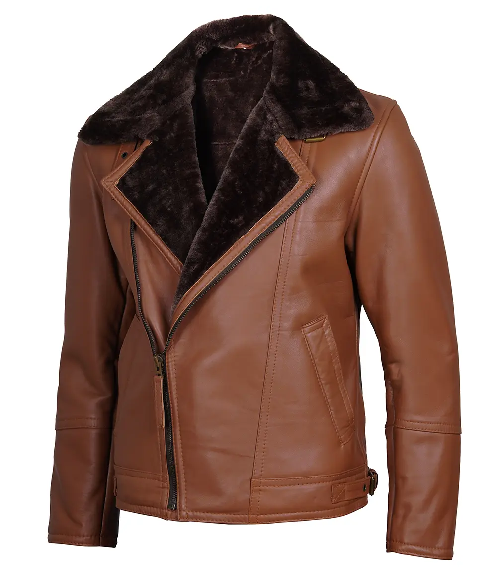 Cognac Brown Asymmetrical Leather Shearling Jacket Men's