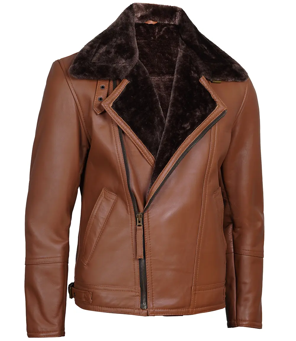 Cognac Brown Asymmetrical Leather Shearling Jacket Men's