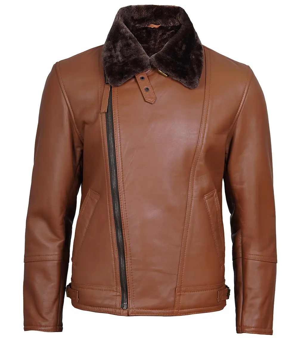 Cognac Brown Asymmetrical Leather Shearling Jacket Men's