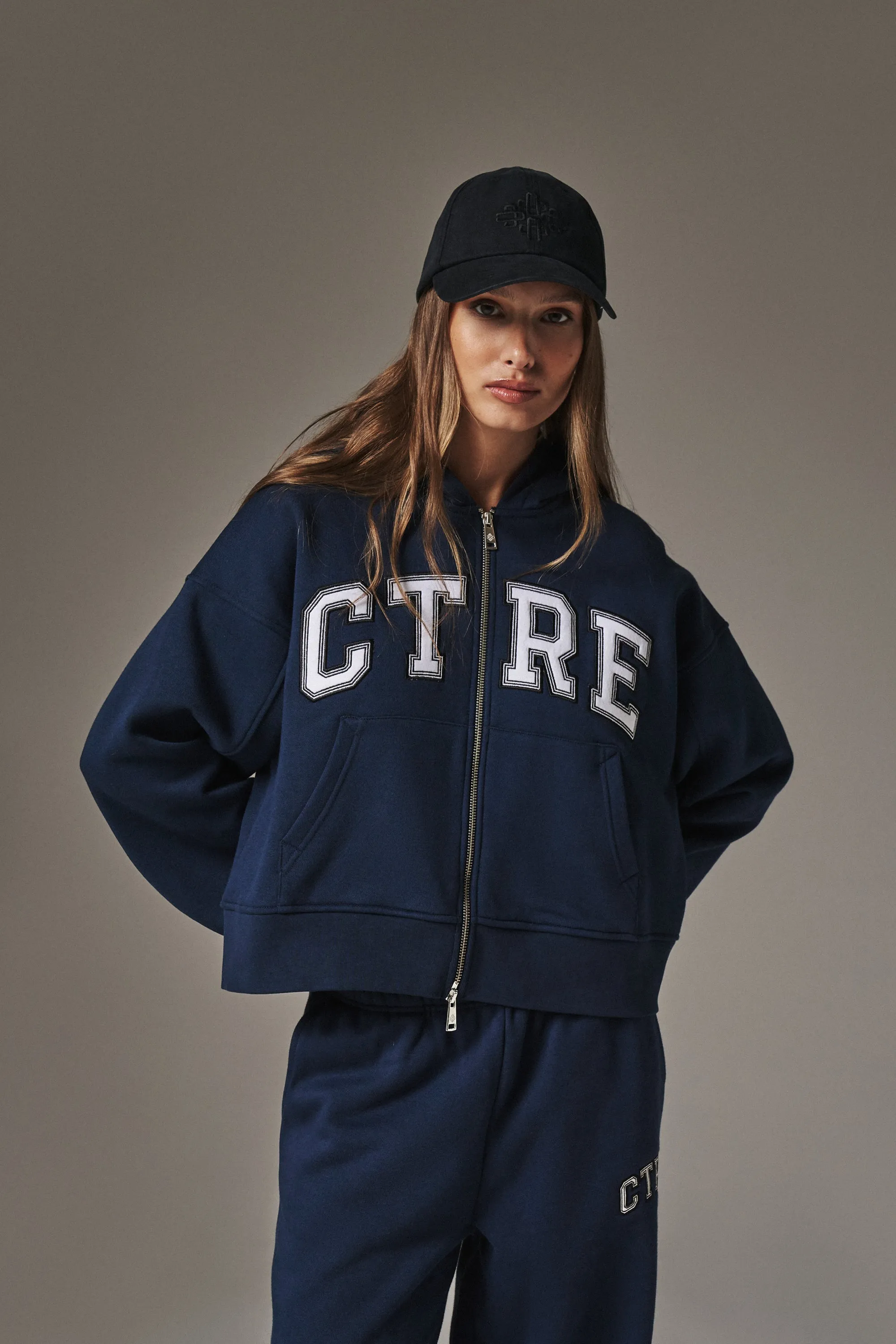 CTRE CROPPED ZIP THROUGH HOODIE - NAVY