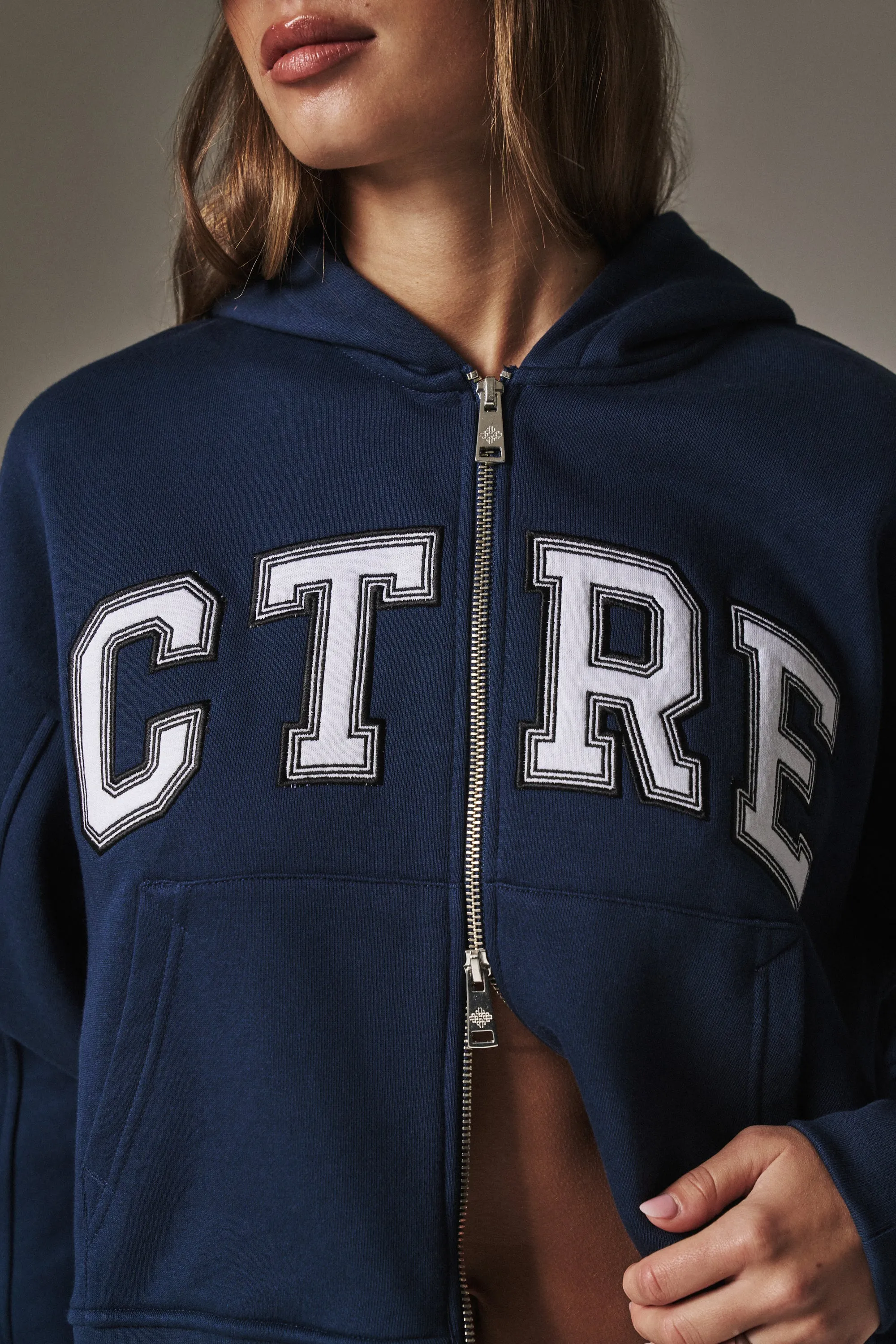 CTRE CROPPED ZIP THROUGH HOODIE - NAVY