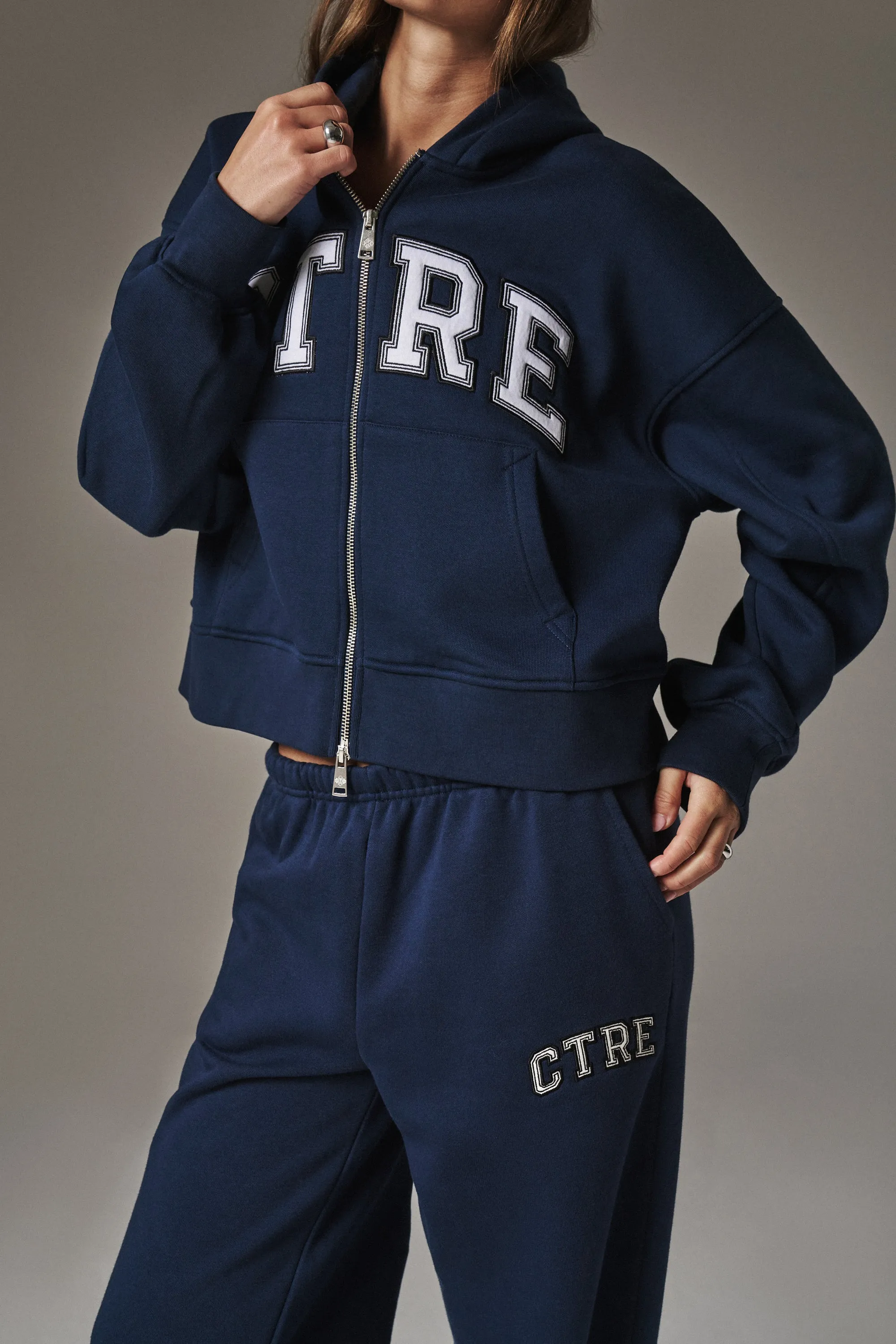 CTRE CROPPED ZIP THROUGH HOODIE - NAVY