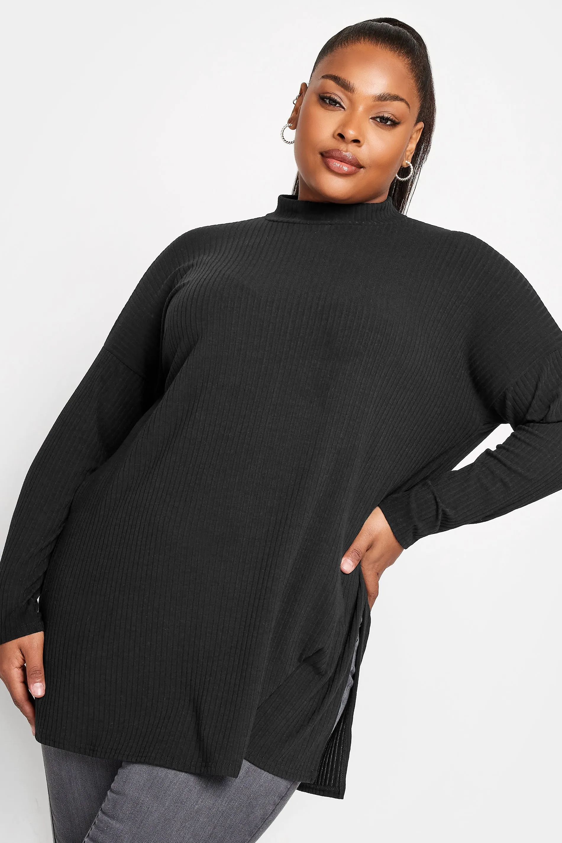 Curve Black Ribbed Turtle Neck Top