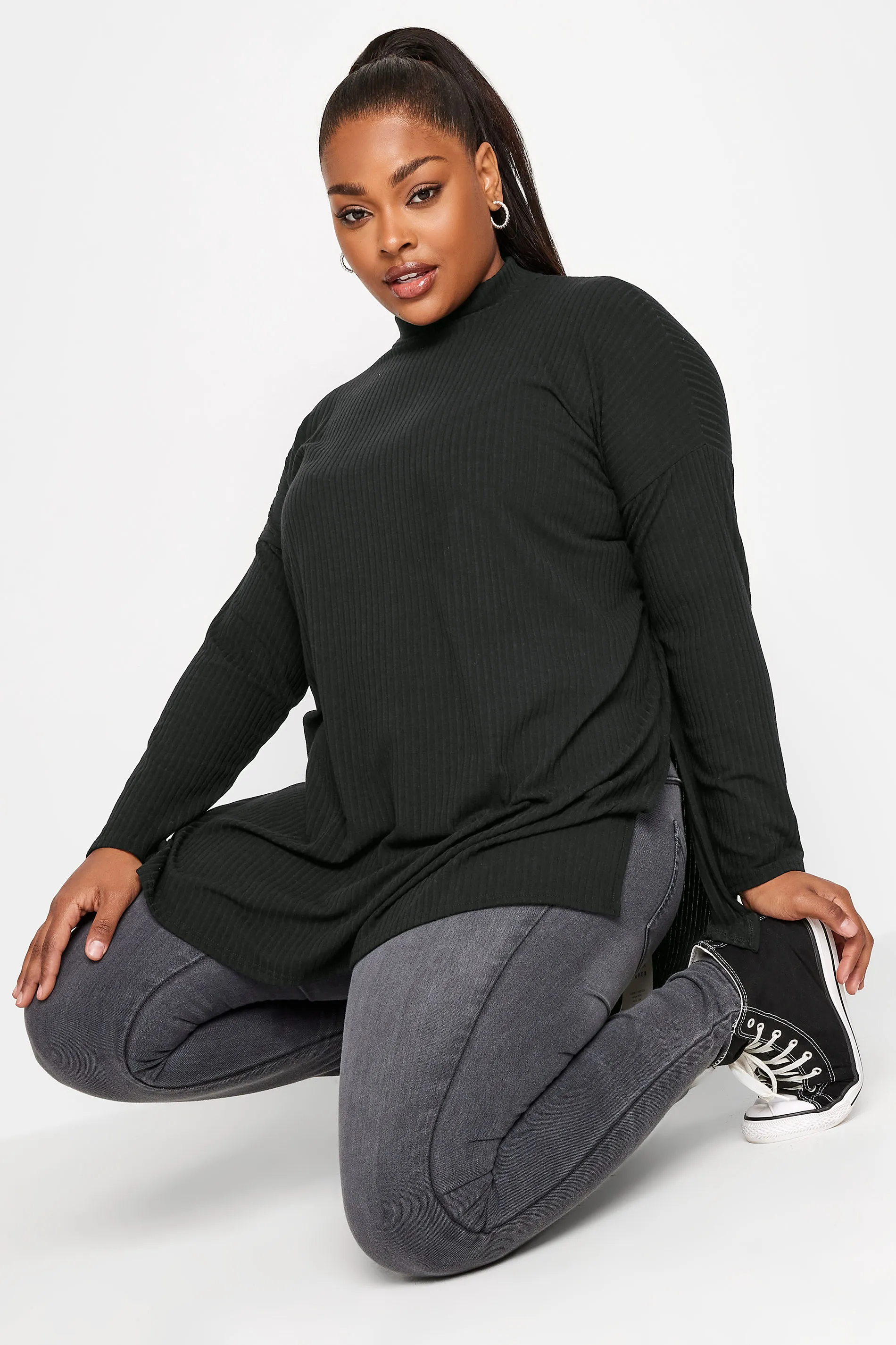 Curve Black Ribbed Turtle Neck Top