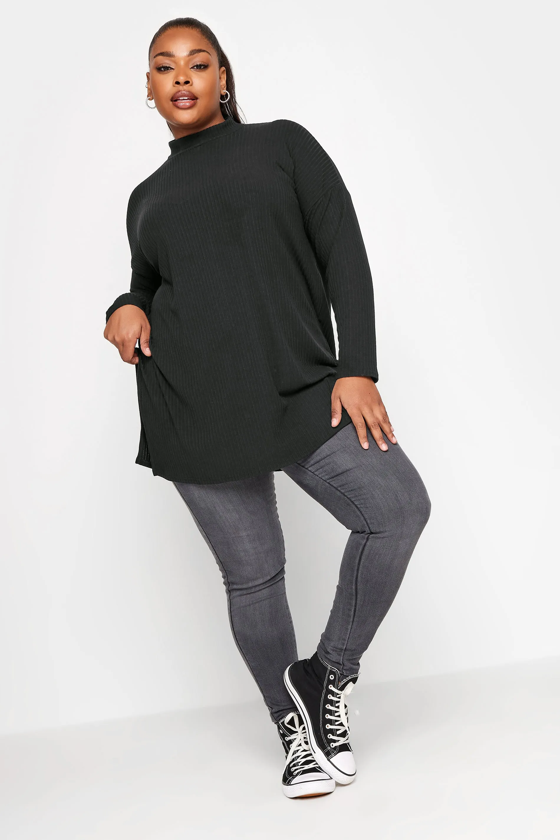 Curve Black Ribbed Turtle Neck Top