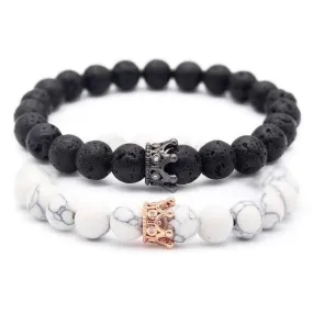 Distance Couple Bracelets - Black & White Crown Design 