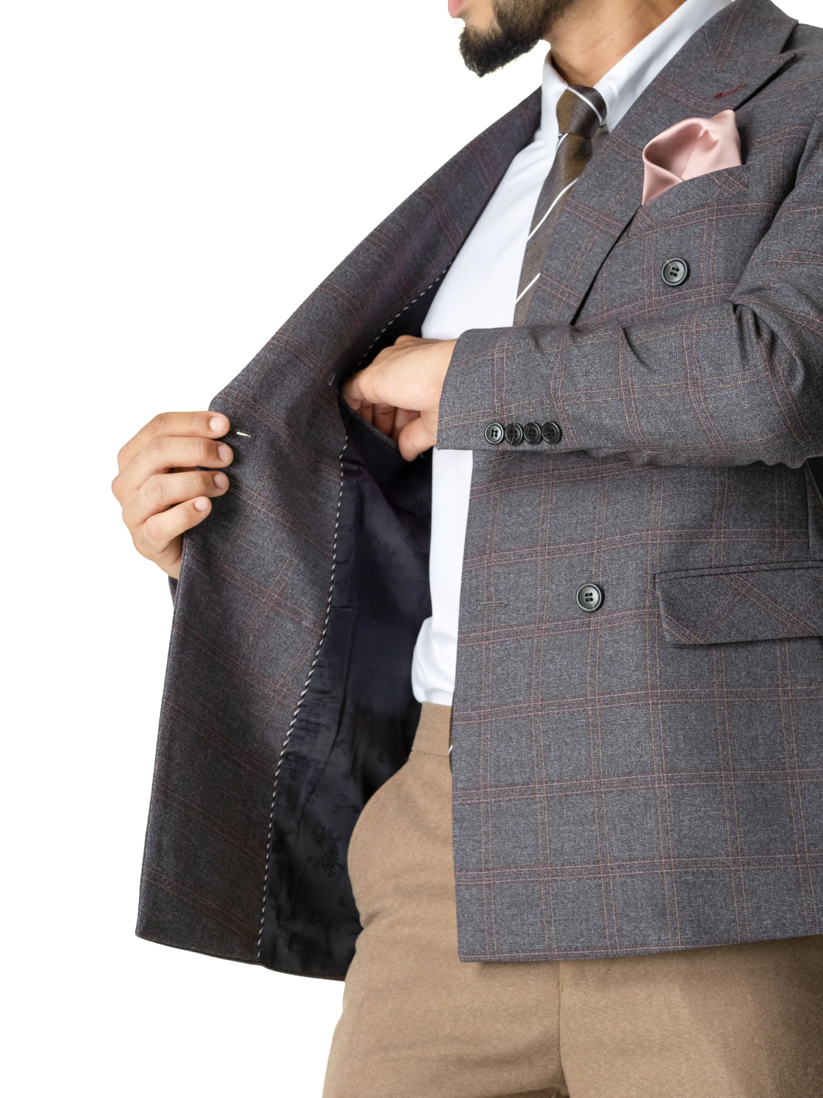 Double Breasted Suit Blazer - Dark Grey Checkered (Peak Lapel)