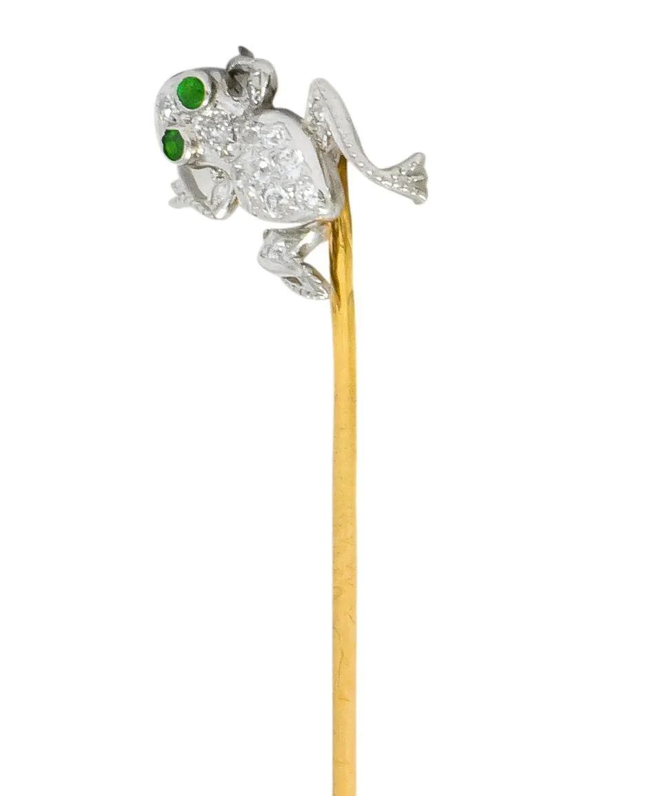 Edwardian Diamond Demantoid Garnet Platinum Gold Frog Stickpin