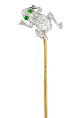 Edwardian Diamond Demantoid Garnet Platinum Gold Frog Stickpin