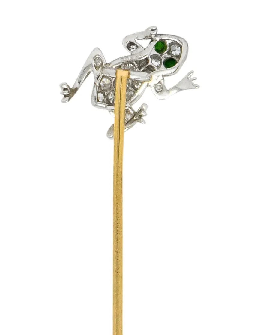 Edwardian Diamond Demantoid Garnet Platinum Gold Frog Stickpin