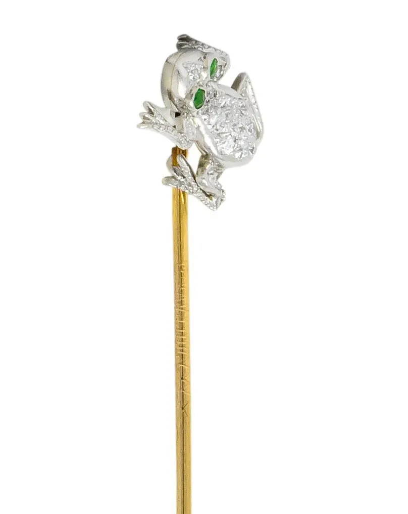 Edwardian Diamond Demantoid Garnet Platinum Gold Frog Stickpin