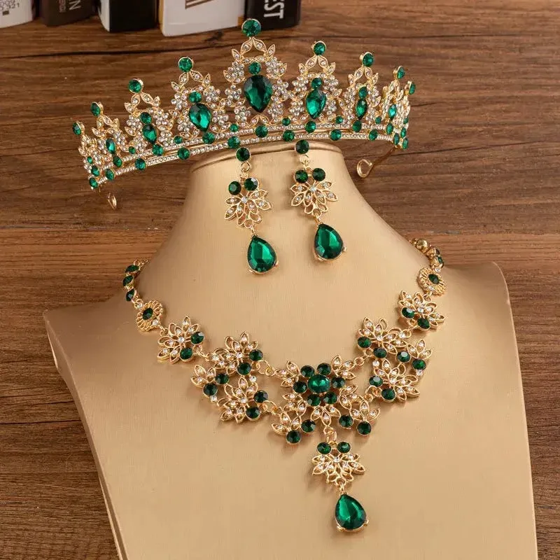 Gold color green crystal bridal jewelry sets necklace earrings