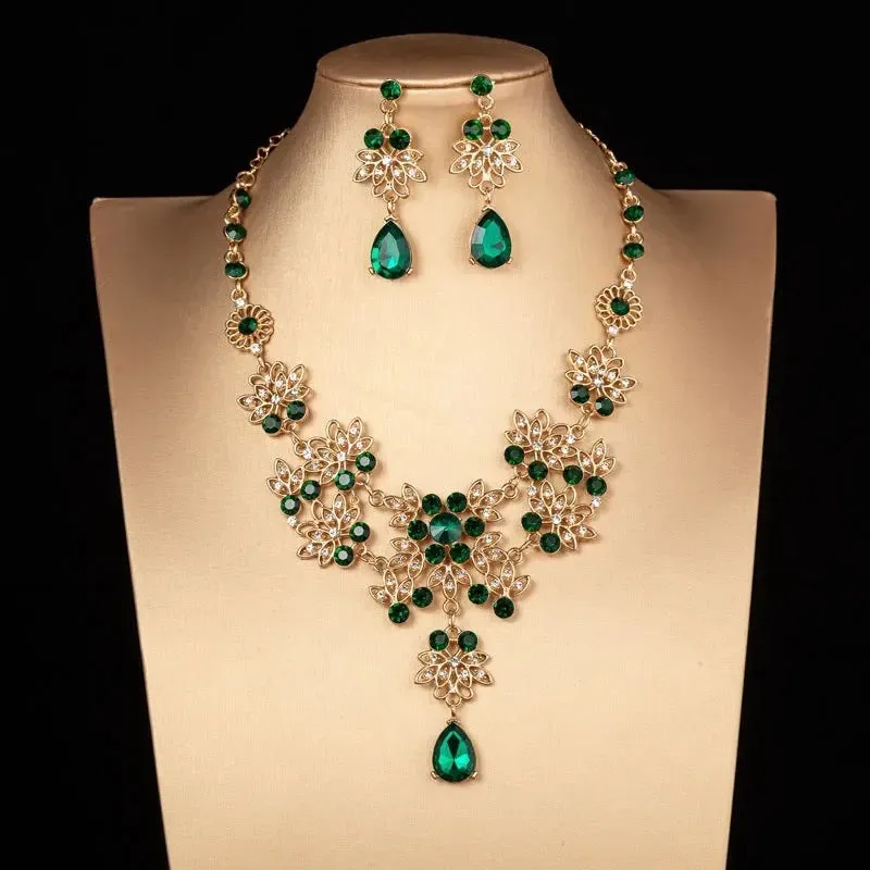 Gold color green crystal bridal jewelry sets necklace earrings