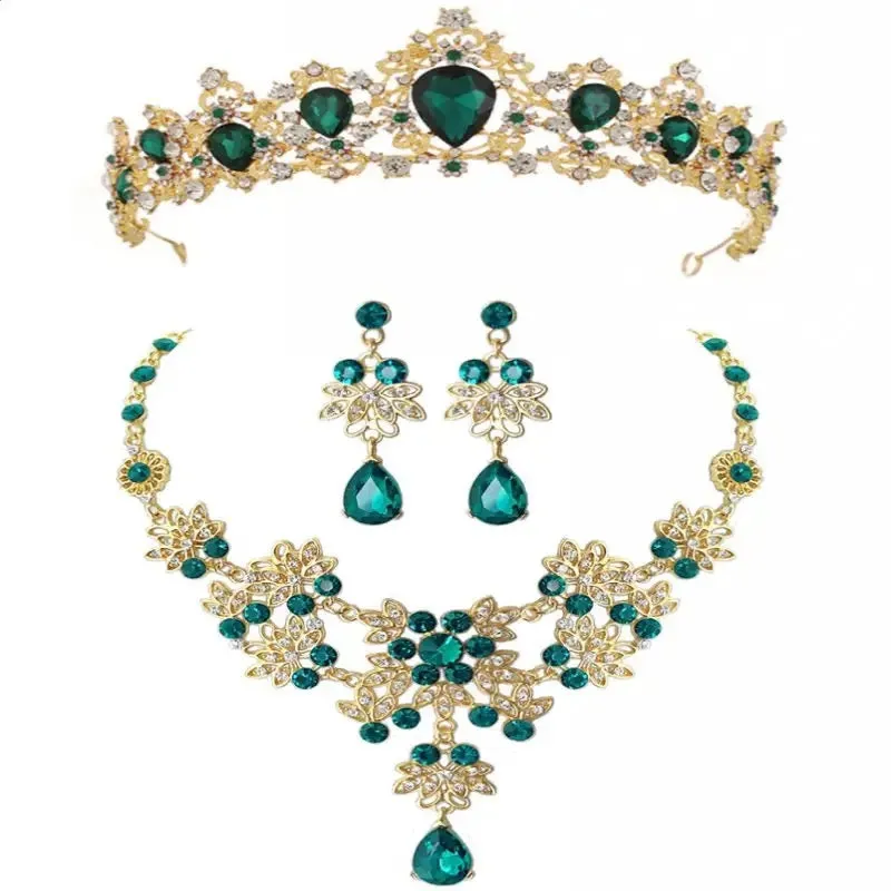 Gold color green crystal bridal jewelry sets necklace earrings