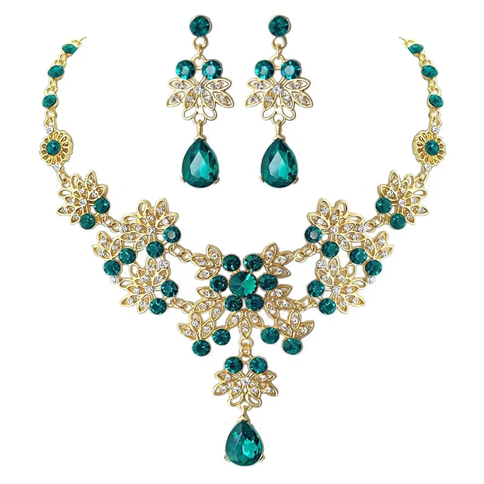 Gold color green crystal bridal jewelry sets necklace earrings