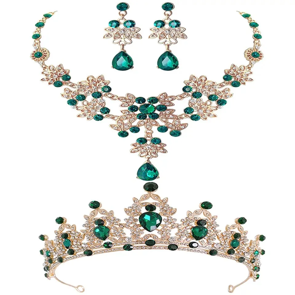 Gold color green crystal bridal jewelry sets necklace earrings