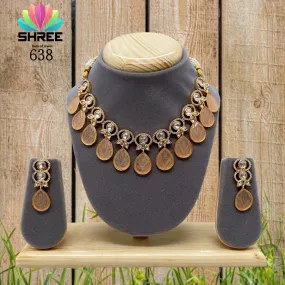 Gold Kundan Necklace Set with Carved Stone Hangings - Sandy001CSNA