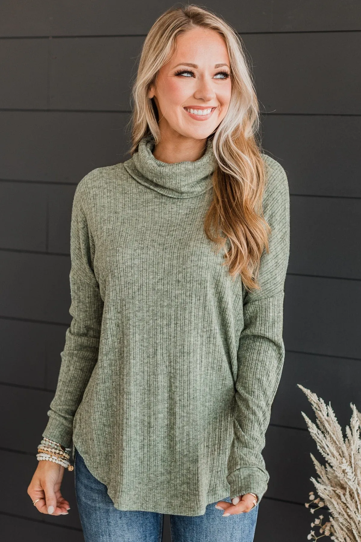 Good Connections Women's Olive Turtle Neck Top