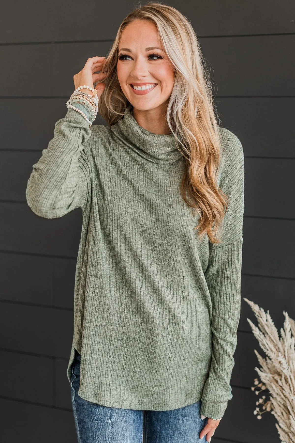 Good Connections Women's Olive Turtle Neck Top