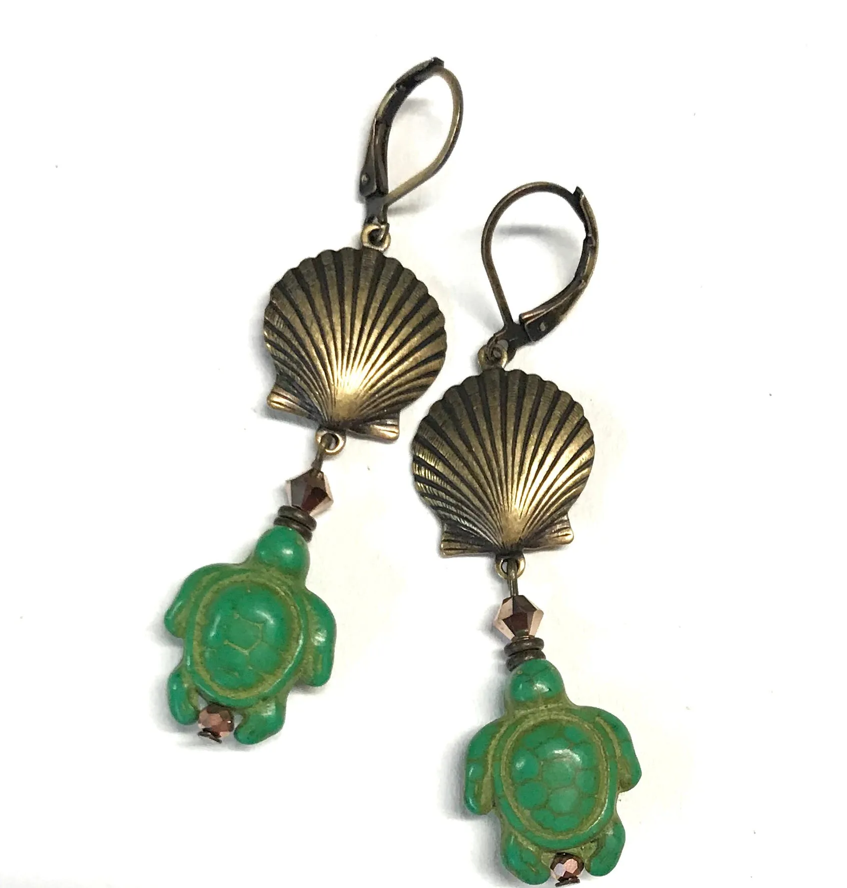 Green Magnesite Shell and Turtle Earrings