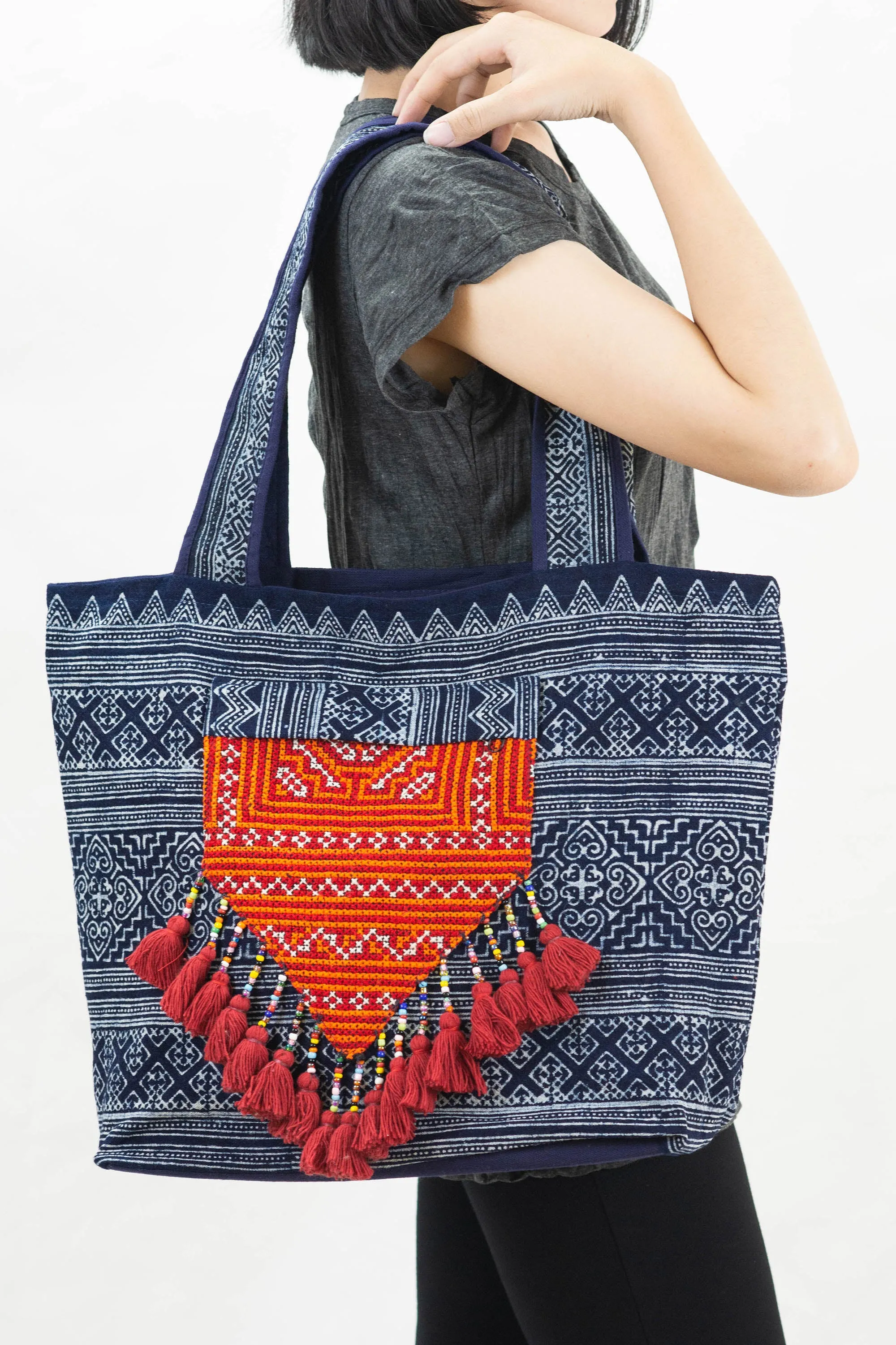 Hmong Indigo Batik and Embroidered Tote Bag with Red Tassels