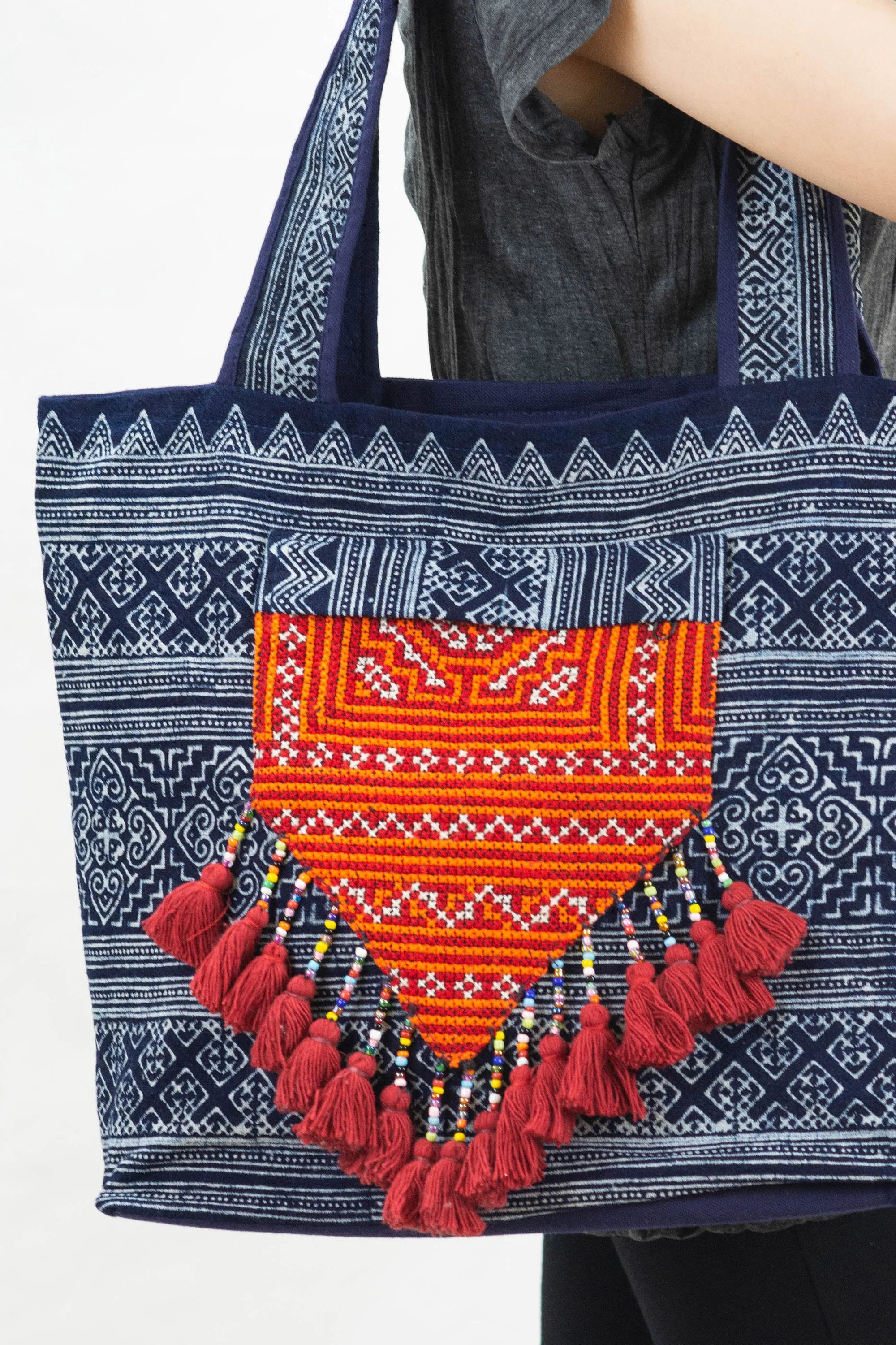 Hmong Indigo Batik and Embroidered Tote Bag with Red Tassels