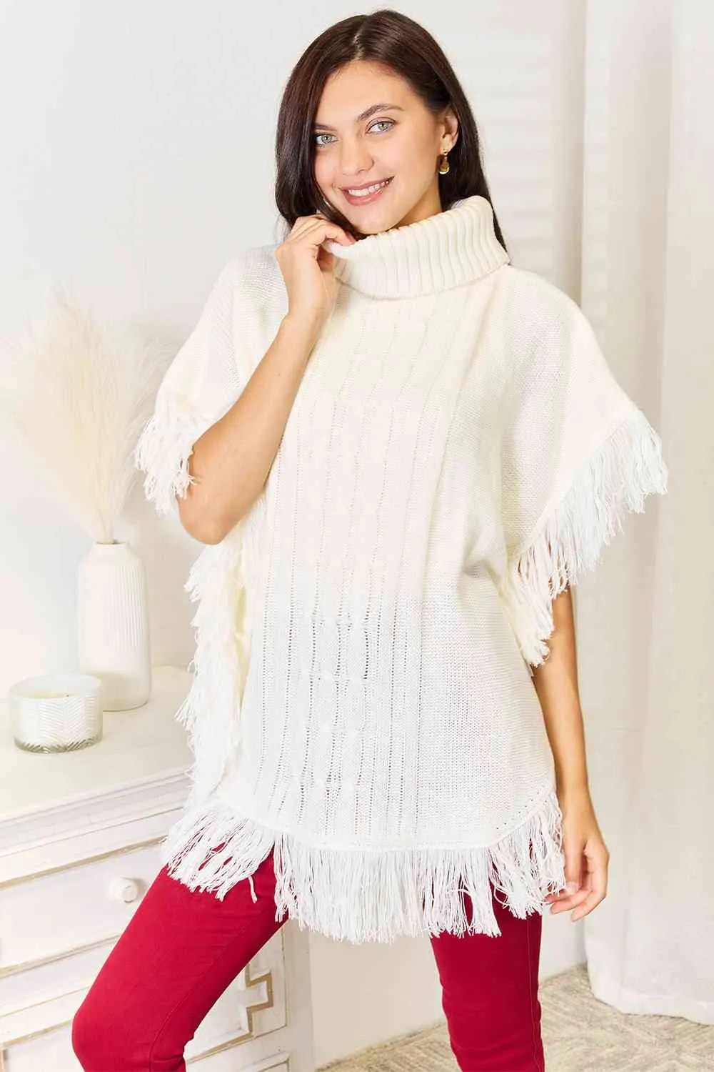 Justin Taylor Fringe Poncho Turtle Neck