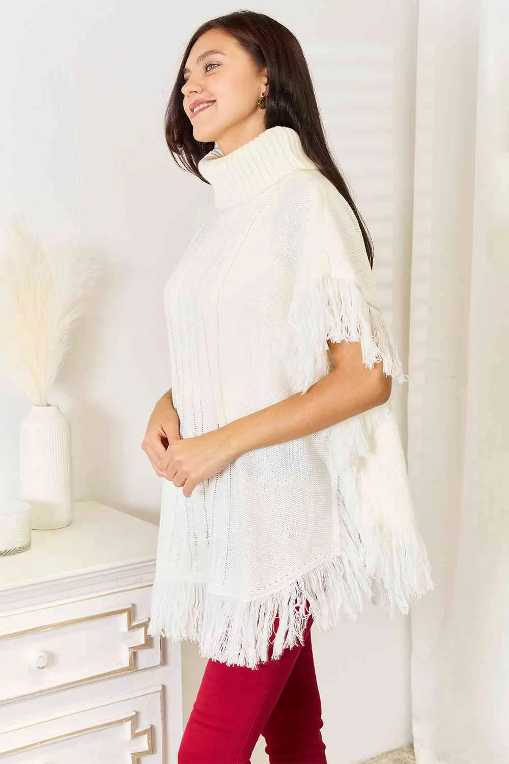 Justin Taylor Fringe Poncho Turtle Neck