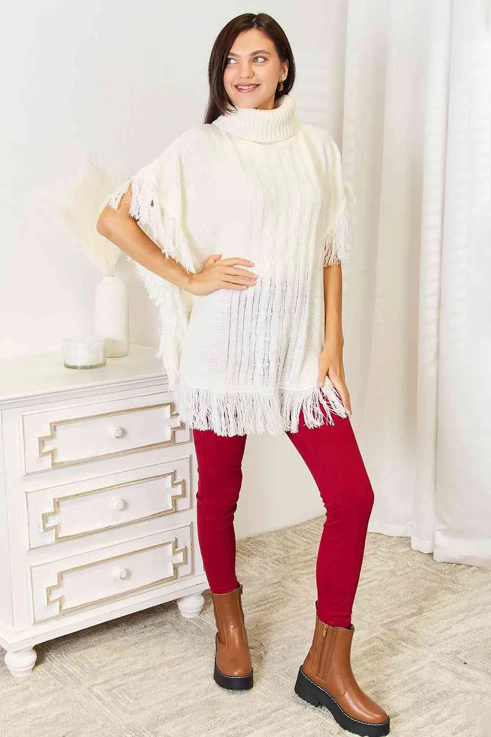 Justin Taylor Fringe Poncho Turtle Neck