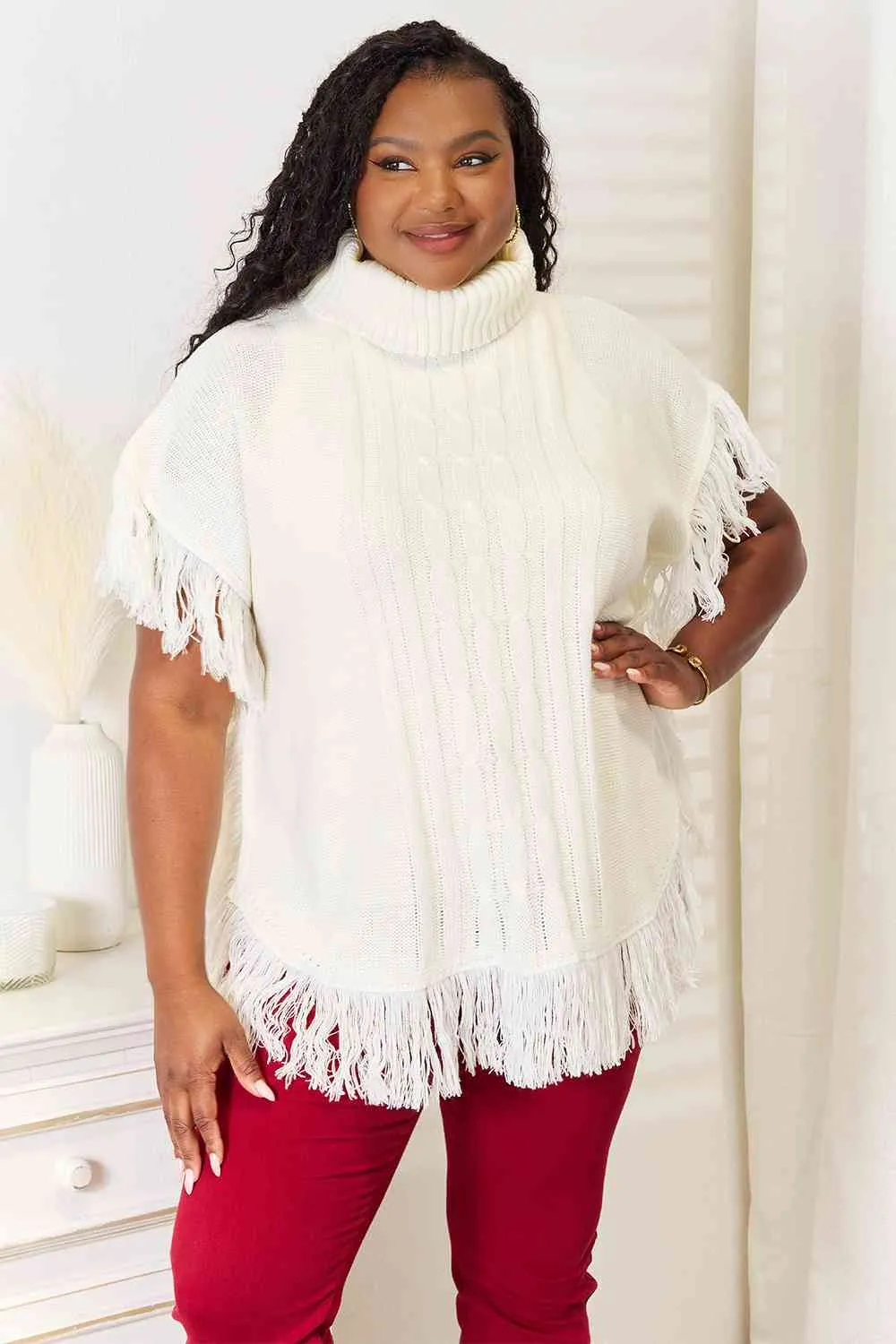 Justin Taylor Fringe Poncho Turtle Neck