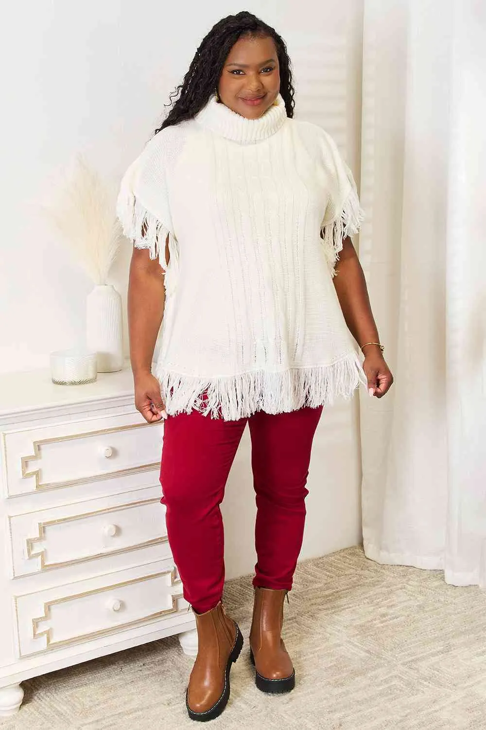 Justin Taylor Fringe Poncho Turtle Neck