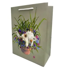 Kim Haskins Floral Cat in Plant Pot Green Gift Bag - Large GBAG87A