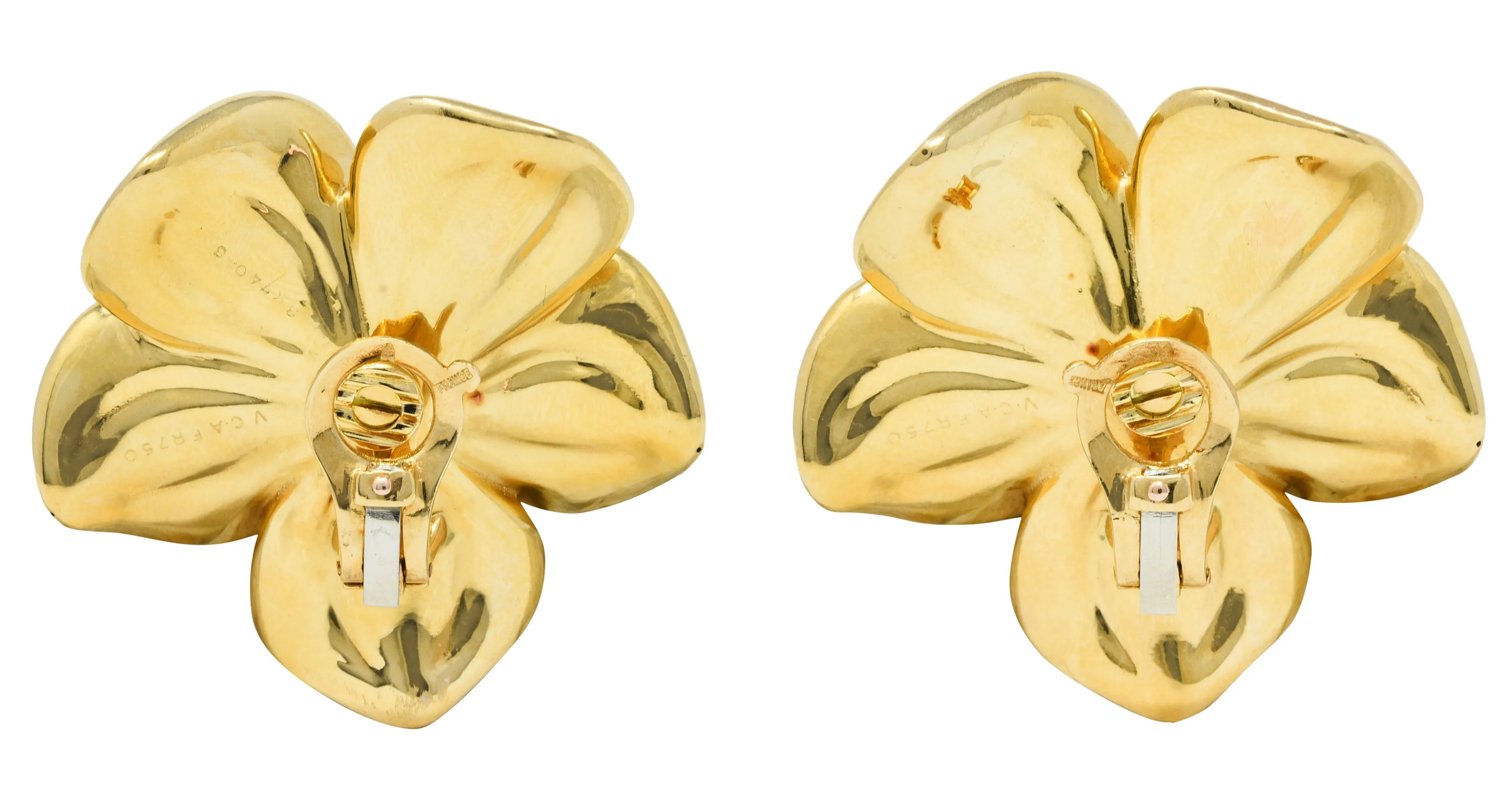 Large Van Cleef & Arpels French Diamond 18K Gold Magnolia Ear-Clip Earrings